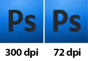 Разница разрешения файла в 300dpi и 72 dpi. 300dpi четкое изображение, а 72dpi - пиксельное и размытое.