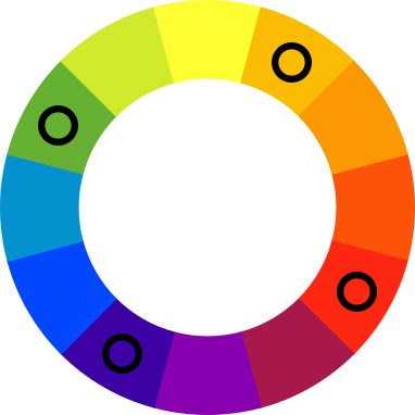 Цветовой круг с черными пятнами на зеленом, оранжевом, фиолетовом и красном