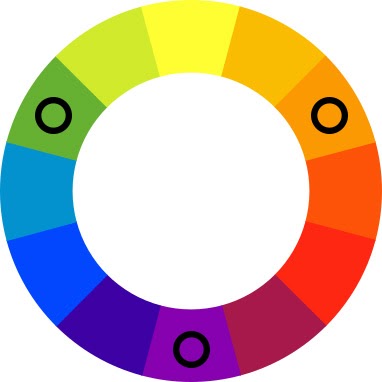 Цветовой круг с черными пятнами на зеленом, оранжевом и фиолетовом.