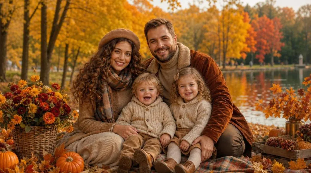 Семья на осенней фотосессии в парке: родители и дети смеются среди золотой листвы