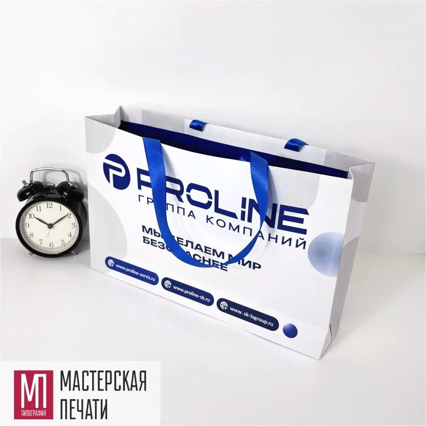 Бумажный пакет фирменный с логотипом с ленточной ручкой