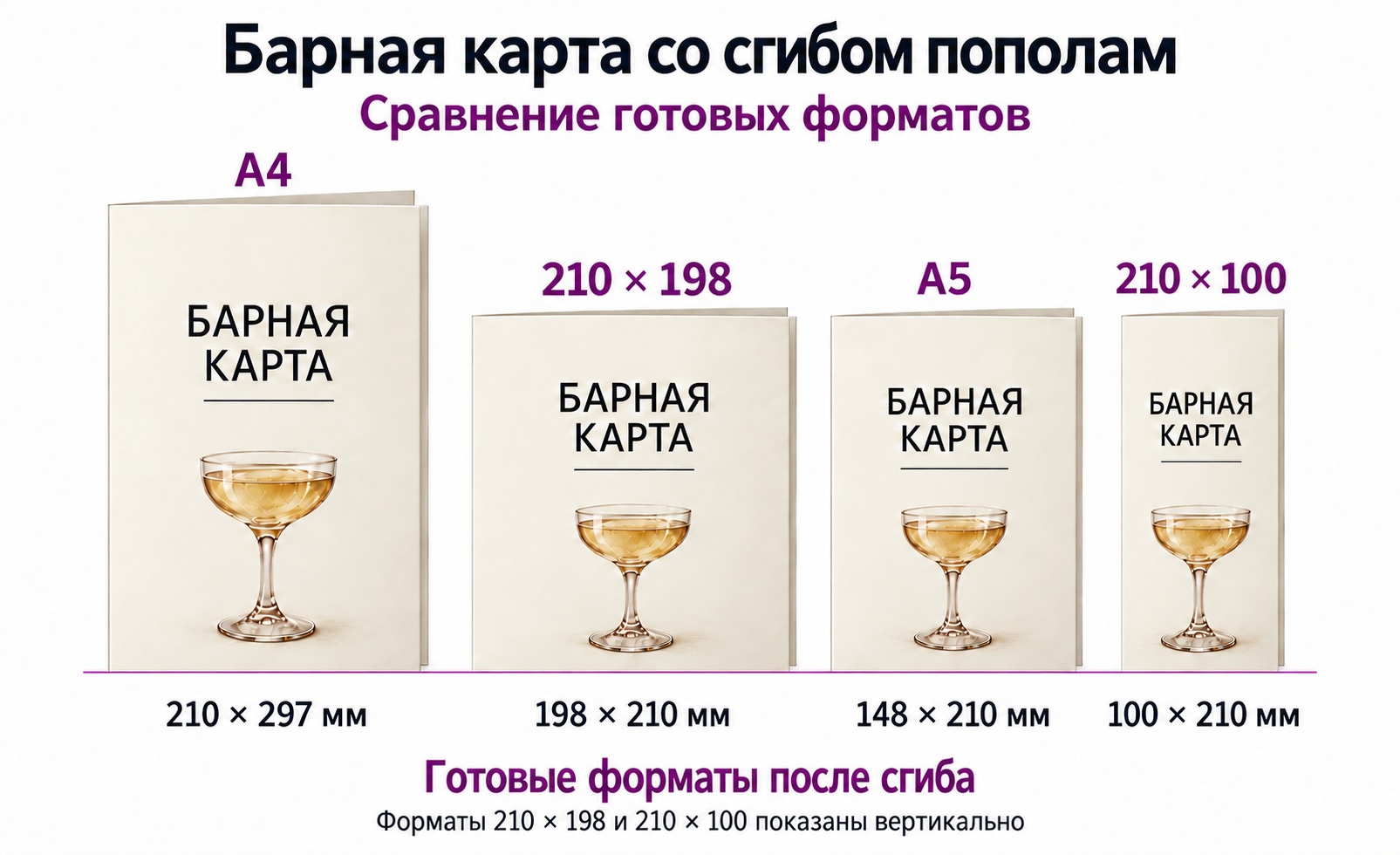 Барные карты со сгибом пополам — Сравнение готовых форматов: А4, 210 × 198, А5 и 210 × 100 мм.
