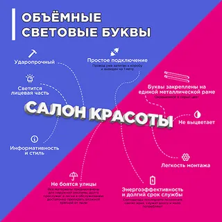 Световые объемные буквы «Салон красоты» 2020х150х60 мм