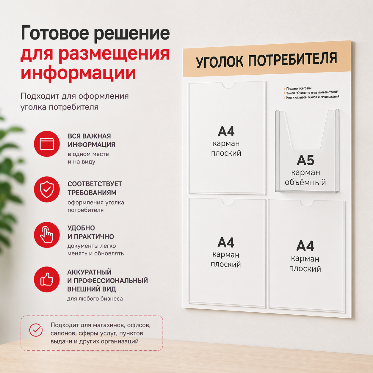 Уголок потребителя 28х70 см, карманами А4 и А5 Уголок потребителя 28х70 см, карманами А4 и А5