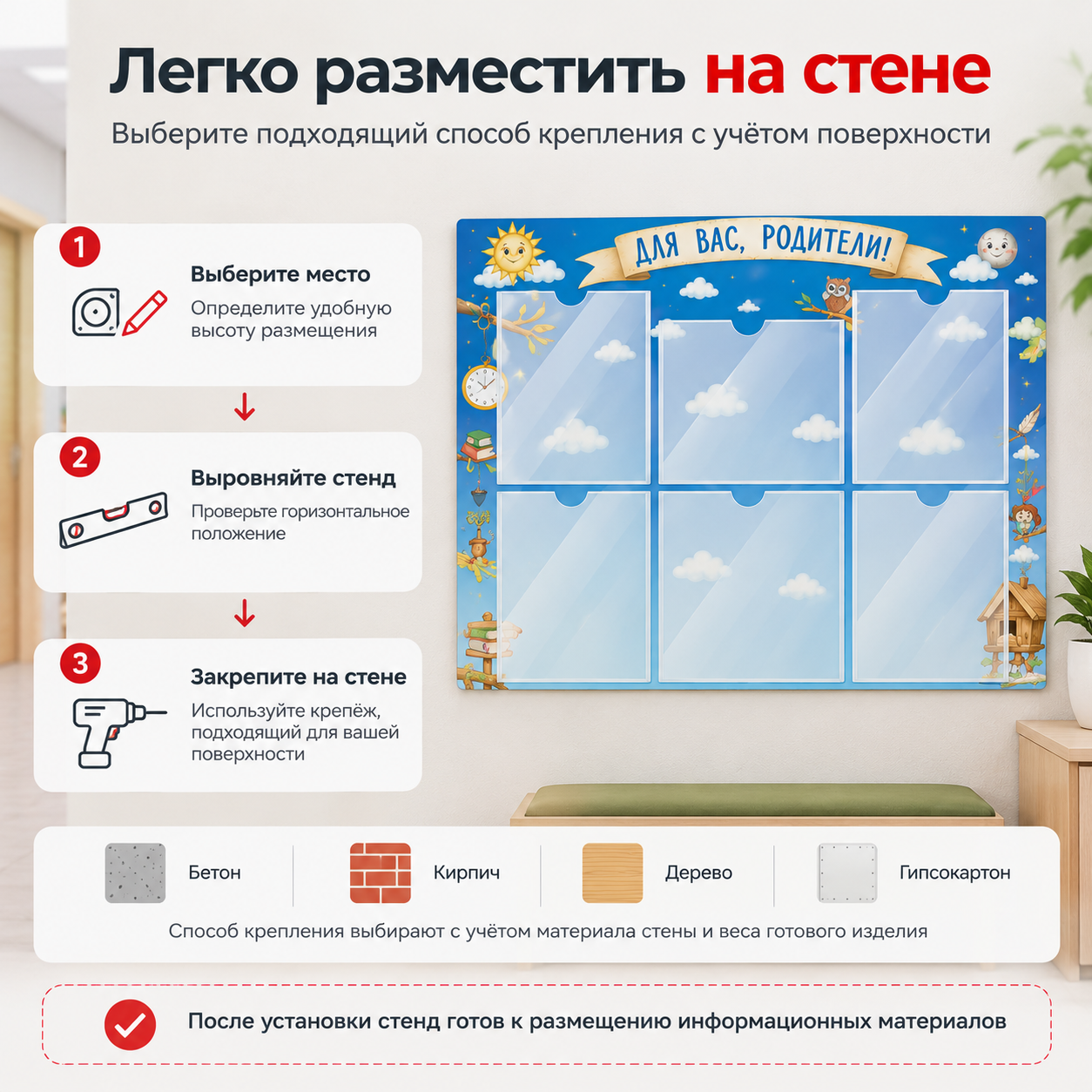 Информационный стенд «Классный уголок», серия Город знаний, 150×74 см, 9 карманов А4