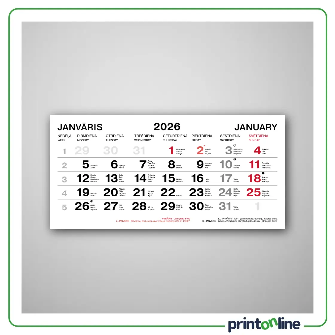 Sienas kalendārs | Bez reklāmas blokiem Sienas kalendārs | Bez reklāmas blokiem